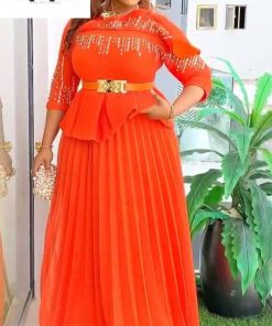 Orange women pleated dress
